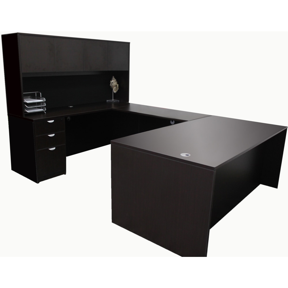 Boss Office Products Holland Series Executive U-Shape Desk With File Storage, Pedestal And Hutch, Mocha MPN:GROUPA15-MOC