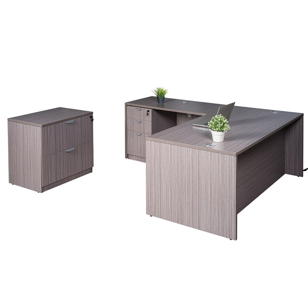 Boss Office Products 71inW Executive L-Shaped Corner Desk With Box/Box/File Storage Pedestal And 2-Drawer Lateral File, Driftwood MPN:GROUPA9-DW