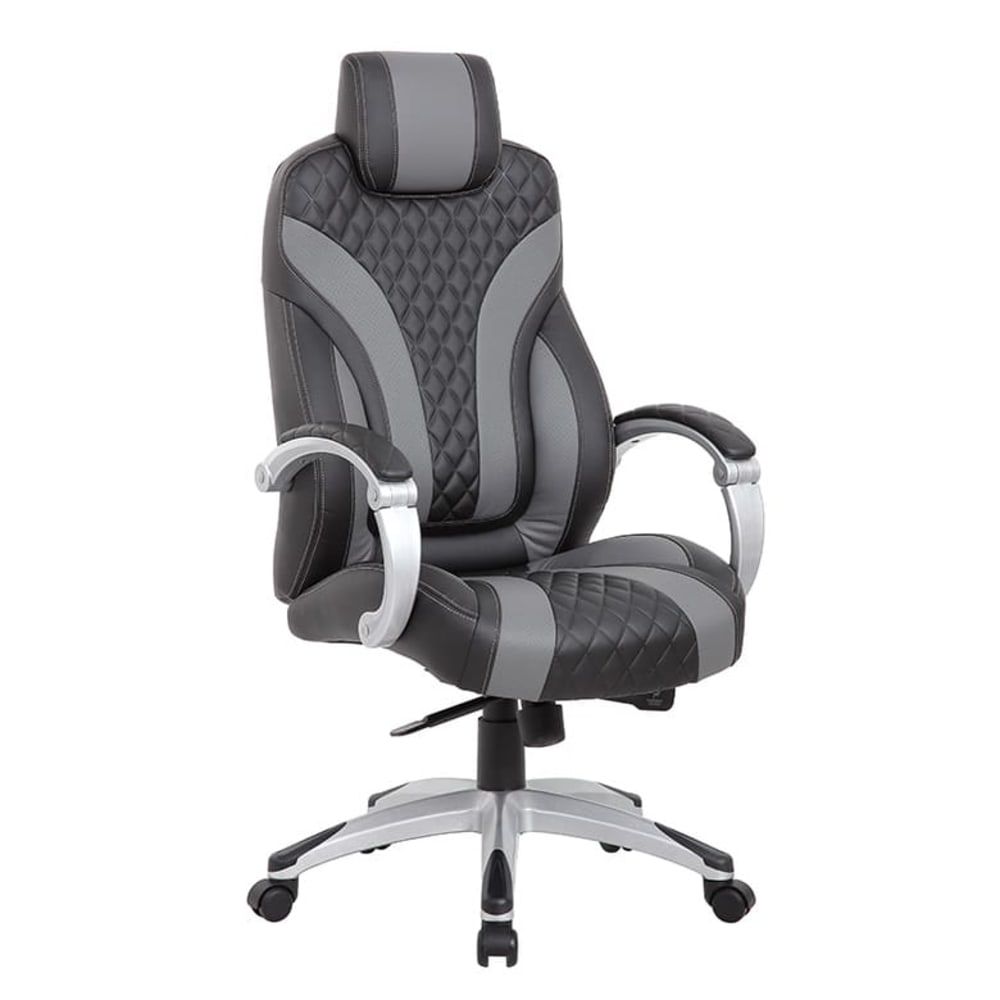 Boss Office Products Hinged Arm Ergonomic Faux Leather High-Back Executive Chair With Synchro-Tilt, Black/Gray MPN:B8871-BKGY