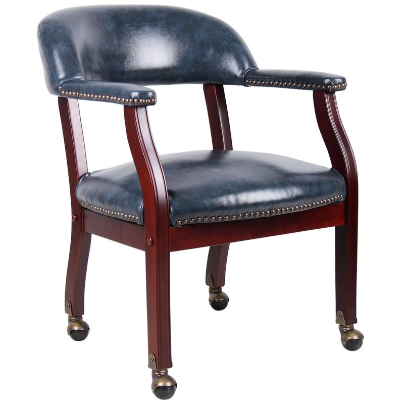 Boss Office Products Captains Guest Arm Chair, With Casters, Blue/Mahogany MPN:B9545-BE