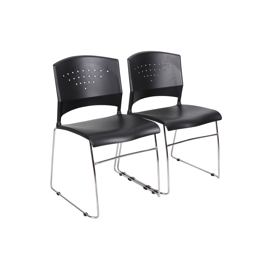Boss Office Products Plastic Seat, Plastic Back Stacking Chair, 18in Seat Width, Black Seat/Chrome Frame, Quantity: 2 MPN:B1400-BK-2