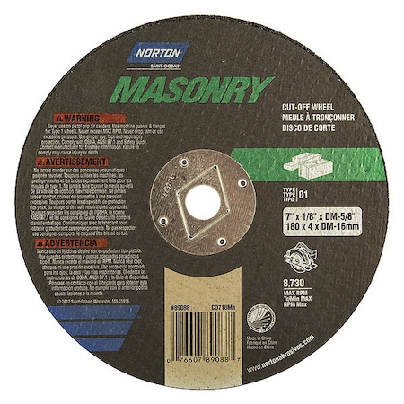 Abrasive Cut-Off Wheel, Type 1, 7 in Dia, 0.125 in Thick, 5/8 in Arbor Hole Size, Silicon Carbide MPN:07660789055