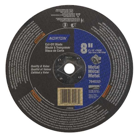 Abrasive Cut-Off Wheel, Type 1, 8 in Dia, 0.125 in Thick, 5/8 in Arbor Hole Size, Aluminum Oxide MPN:07660789096