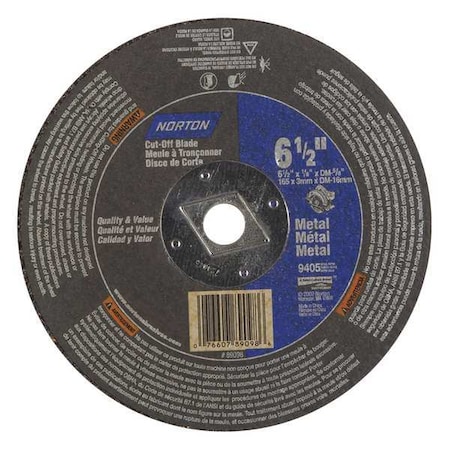 Abrasive Cut-Off Wheel, Type 1, 6 1/2 in Dia, 0.125 in Thick, 5/8 in Arbor Hole Size, 24 Grit MPN:07660789098