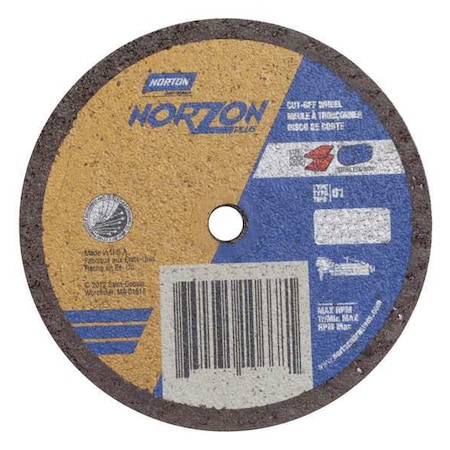 Abrasive Cut-Off Wheel, Type 1, 3 in Dia, 0.035 in Thick, 1/4 in Arbor Hole Size, Ceramic, 60 Grit MPN:66243510668