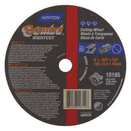 Abrasive Cut-Off Wheel, Type 1, 6 in Dia, 0.04 in Thick, 5/8 in Arbor Hole Size, Aluminum Oxide MPN:66252809714