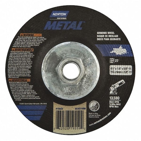 Depressed Center Grinding Wheel, Type 27, 4 1/2 in Dia, 0.25 in Thick, 5/8