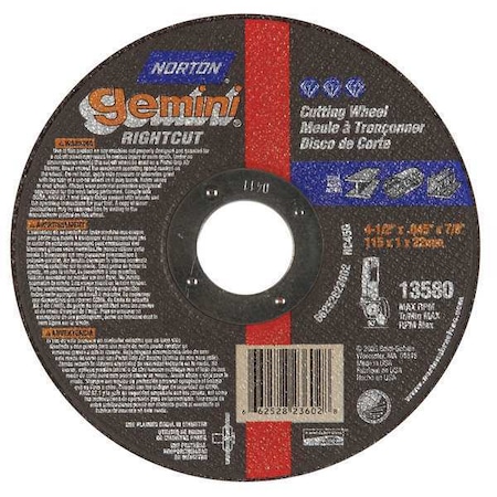 Abrasive Cut-Off Wheel, Type 1, 5 in Dia, 0.045 in Thick, 7/8 in Arbor Hole Size, Aluminum Oxide MPN:66252823603