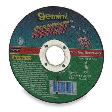 Abrasive Cut-Off Wheel, Type 1, 6 in Dia, 0.045 in Thick, 7/8 in Arbor Hole Size, Aluminum Oxide MPN:66252823604