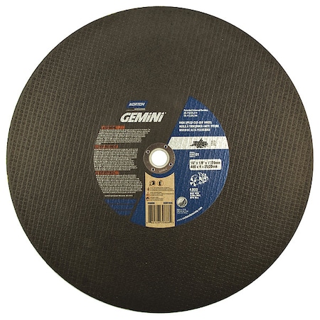 Abrasive Cut-Off Wheel, Type 1, 16 in Dia, 0.125 in Thick, 1 in, 20 mm Arbor Hole Size, 24 Grit MPN:66252830886
