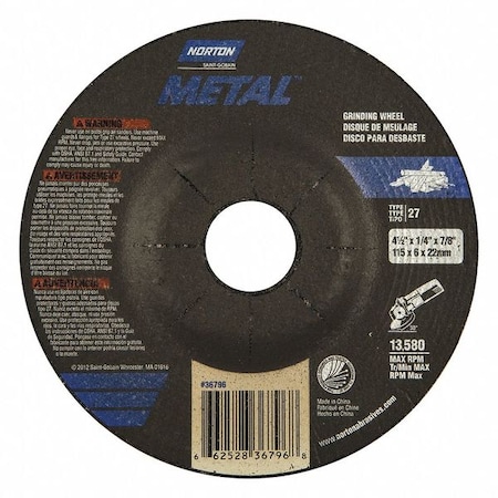 Depressed Center Grinding Wheel, Type 27, 4 1/2 in Dia, 0.25 in Thick, 7/8 in Arbor Hole Size MPN:66252836796