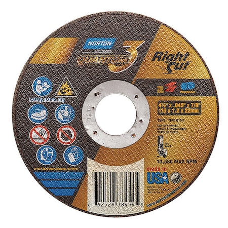 Abrasive Cut-Off Wheel, Type 1, 4 1/2 in Dia, 0.045 in Thick, 7/8 in Arbor Hole Size, Ceramic MPN:66252838454