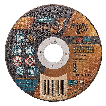 Abrasive Cut-Off Wheel, Type 1, 4 1/2 in Dia, 0.0625 in Thick, 7/8 in Arbor Hole Size, Ceramic MPN:66252838455