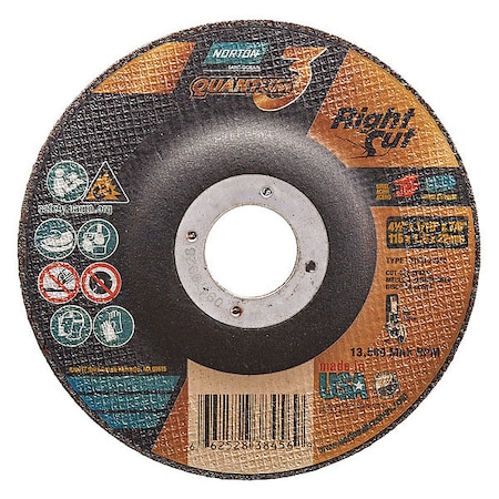 Depressed Center Cut-Off Wheel, Type 27, 4 1/2 in Dia, 0.0625 in Thick, 7/8 in Arbor Hole Size MPN:66252838456