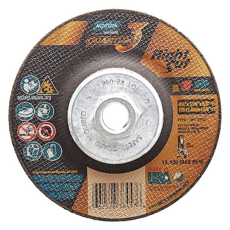 Depressed Center Cut-Off Wheel, Type 27, 4 1/2 in Dia, 0.0625 in Thick, 5/8