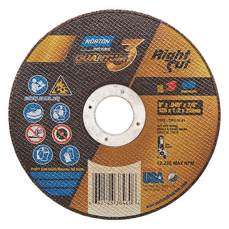 Abrasive Cut-Off Wheel, Type 1, 5 in Dia, 0.045 in Thick, 7/8 in Arbor Hole Size, Ceramic, 36 Grit MPN:66252838460
