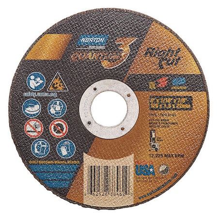 Abrasive Cut-Off Wheel, Type 1, 5 in Dia, 0.0625 in Thick, 7/8 in Arbor Hole Size, Ceramic, 36 Grit MPN:66252838462
