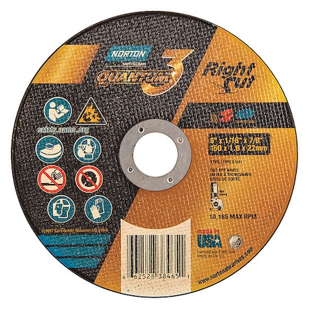 Abrasive Cut-Off Wheel, Type 1, 6 in Dia, 0.0625 in Thick, 7/8 in Arbor Hole Size, Ceramic, 36 Grit MPN:66252838465