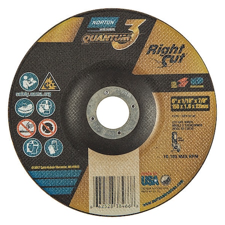 Depressed Center Cut-Off Wheel, Type 27, 6 in Dia, 0.0625 in Thick, 7/8 in Arbor Hole Size, Ceramic MPN:66252838466