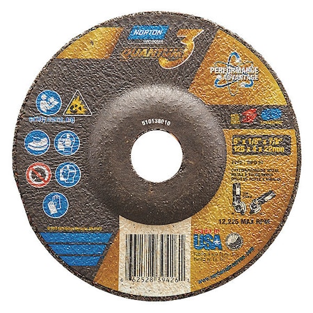 Cut-Off & Grinding Wheel, Type 27, 5 in Dia, 0.125 in Thick, 7/8 in Arbor Hole Size, Ceramic MPN:66252839426