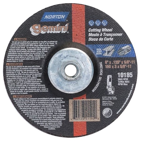 Depressed Center Cut-Off Wheel, Type 27, 6 in Dia, 0.125 in Thick, 5/8