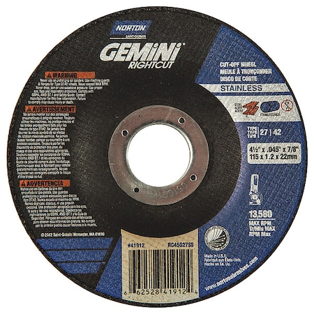 Depressed Center Cut-Off Wheel, Type 27, 4 1/2 in Dia, 0.045 in Thick, 7/8 in Arbor Hole Size MPN:66252841912