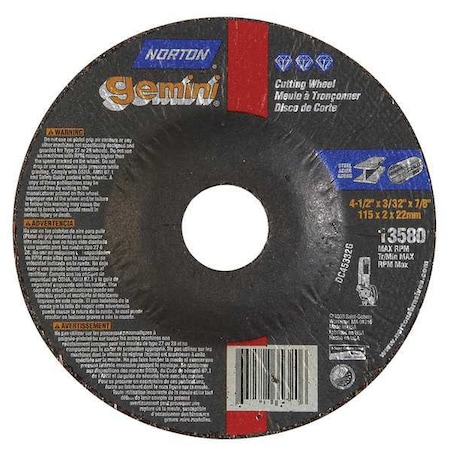 Depressed Center Cut-Off Wheel, Type 27, 4 1/2 in Dia, 0.0938 in Thick, 7/8 in Arbor Hole Size MPN:66252841940