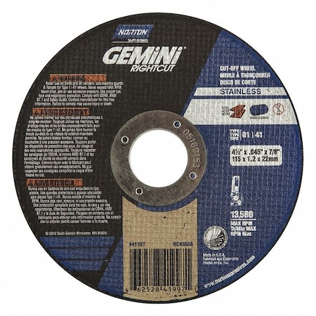 Abrasive Cut-Off Wheel, Type 1, 4 1/2 in Dia, 0.045 in Thick, 7/8 in Arbor Hole Size, 36 Grit MPN:66252841997