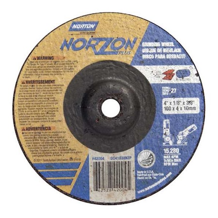 Cut-Off & Grinding Wheel, Type 27, 4 in Dia, 0.125 in Thick, 3/8 in Arbor Hole Size, Ceramic MPN:66252842004