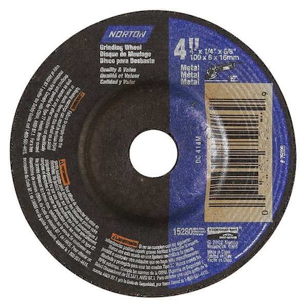 Depressed Center Grinding Wheel, Type 27, 4 in Dia, 0.25 in Thick, 5/8 in Arbor Hole Size, 24 Grit MPN:66252842011