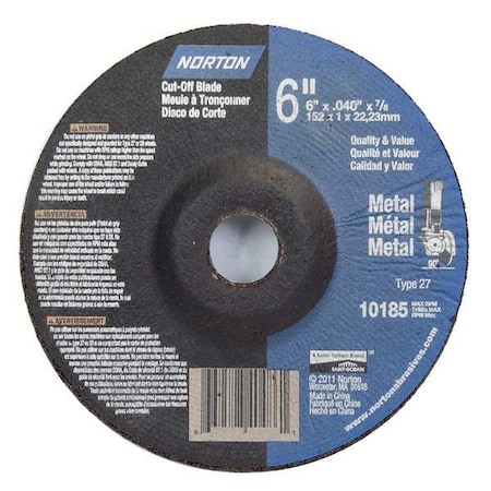 Depressed Center Cut-Off Wheel, Type 27, 6 in Dia, 0.045 in Thick, 7/8 in Arbor Hole Size, 24 Grit MPN:66252842015