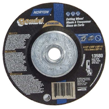 Depressed Center Cut-Off Wheel, Type 27, 4 1/2 in Dia, 0.0938 in Thick, 5/8