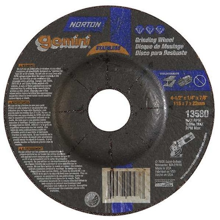 Depressed Center Grinding Wheel, Type 27, 4 1/2 in Dia, 0.25 in Thick, 7/8 in Arbor Hole Size MPN:66252842033