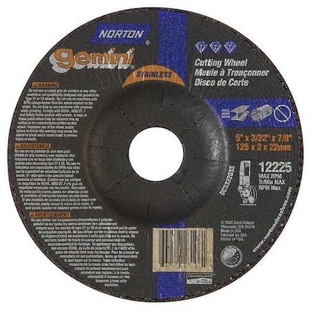 Depressed Center Cut-Off Wheel, Type 27, 5 in Dia, 0.0938 in Thick, 7/8 in Arbor Hole Size, 24 Grit MPN:66252842037