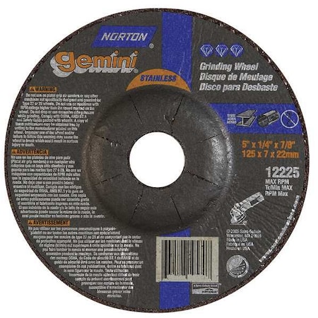 Depressed Center Grinding Wheel, Type 27, 5 in Dia, 0.25 in Thick, 7/8 in Arbor Hole Size, 24 Grit MPN:66252842040