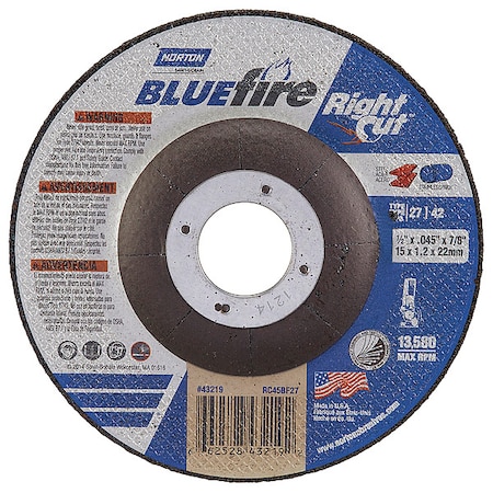 Depressed Center Cut-Off Wheel, Type 27, 4 1/2 in Dia, 0.0625 in Thick, 7/8 in Arbor Hole Size MPN:66252843219