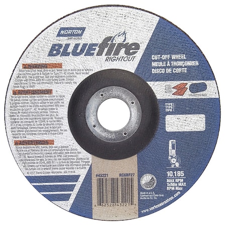 Depressed Center Cut-Off Wheel, Type 27, 6 in Dia, 0.0625 in Thick, 7/8 in Arbor Hole Size, 24 Grit MPN:66252843221