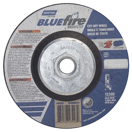 Depressed Center Cut-Off Wheel, Type 27, 4 1/2 in Dia, 0.0625 in Thick, 5/8