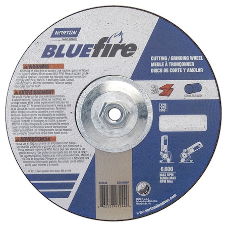 Cut-Off & Grinding Wheel, Type 27, 9 in Dia, 0.125 in Thick, 5/8