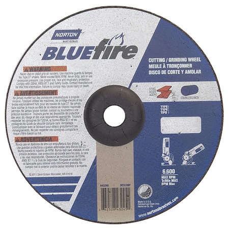 Cut-Off & Grinding Wheel, Type 27, 9 in Dia, 0.125 in Thick, 7/8 in Arbor Hole Size, 24 Grit MPN:66252843245