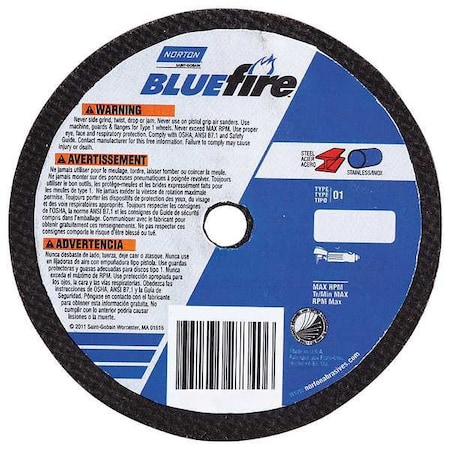 Abrasive Cut-Off Wheel, Type 1, 12 in Dia, 0.1094 in Thick, 1 in Arbor Hole Size, Zirconia Alumina MPN:66252843250