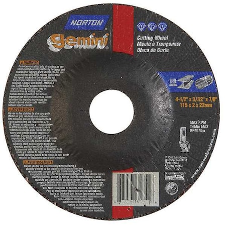 Depressed Center Cut-Off Wheel, Type 27, 4 1/2 in Dia, 0.0938 in Thick, 7/8 in Arbor Hole Size MPN:66252843582