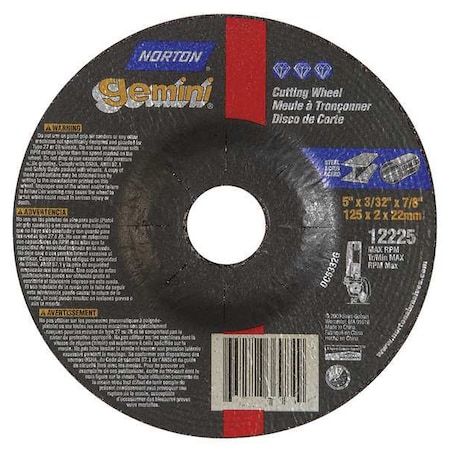 Depressed Center Cut-Off Wheel, Type 27, 5 in Dia, 0.0938 in Thick, 7/8 in Arbor Hole Size, 24 Grit MPN:66252843587