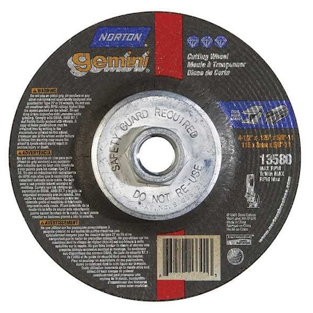 Depressed Center Cut-Off Wheel, Type 27, 4 1/2 in Dia, 0.125 in Thick, 5/8