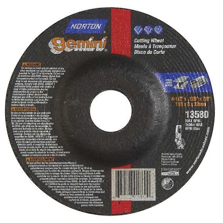 Depressed Center Cut-Off Wheel, Type 27, 4 1/2 in Dia, 0.125 in Thick, 7/8 in Arbor Hole Size MPN:66252843589