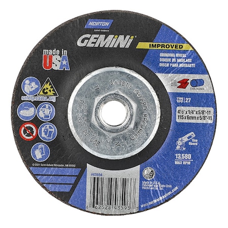 Depressed Center Grinding Wheel, Type 27, 4 1/2 in Dia, 0.25 in Thick, 5/8