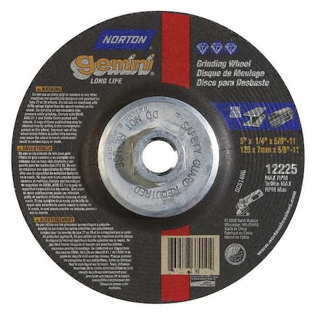Depressed Center Grinding Wheel, Type 27, 5 in Dia, 0.25 in Thick, 5/8
