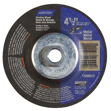 Depressed Center Grinding Wheel, Type 27, 4 1/2 in Dia, 0.25 in Thick, 5/8