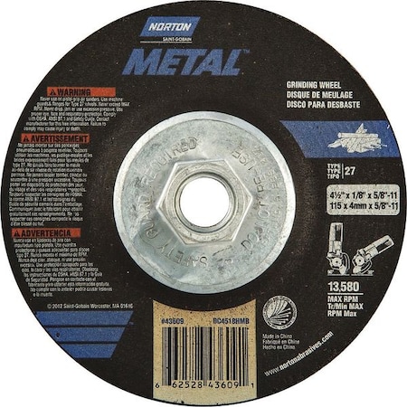 Cut-Off & Grinding Wheel, Type 27, 4 1/2 in Dia, 0.125 in Thick, 5/8