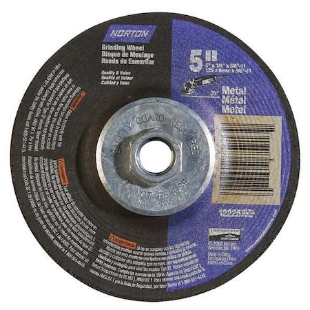 Depressed Center Grinding Wheel, Type 27, 5 in Dia, 0.25 in Thick, 5/8
